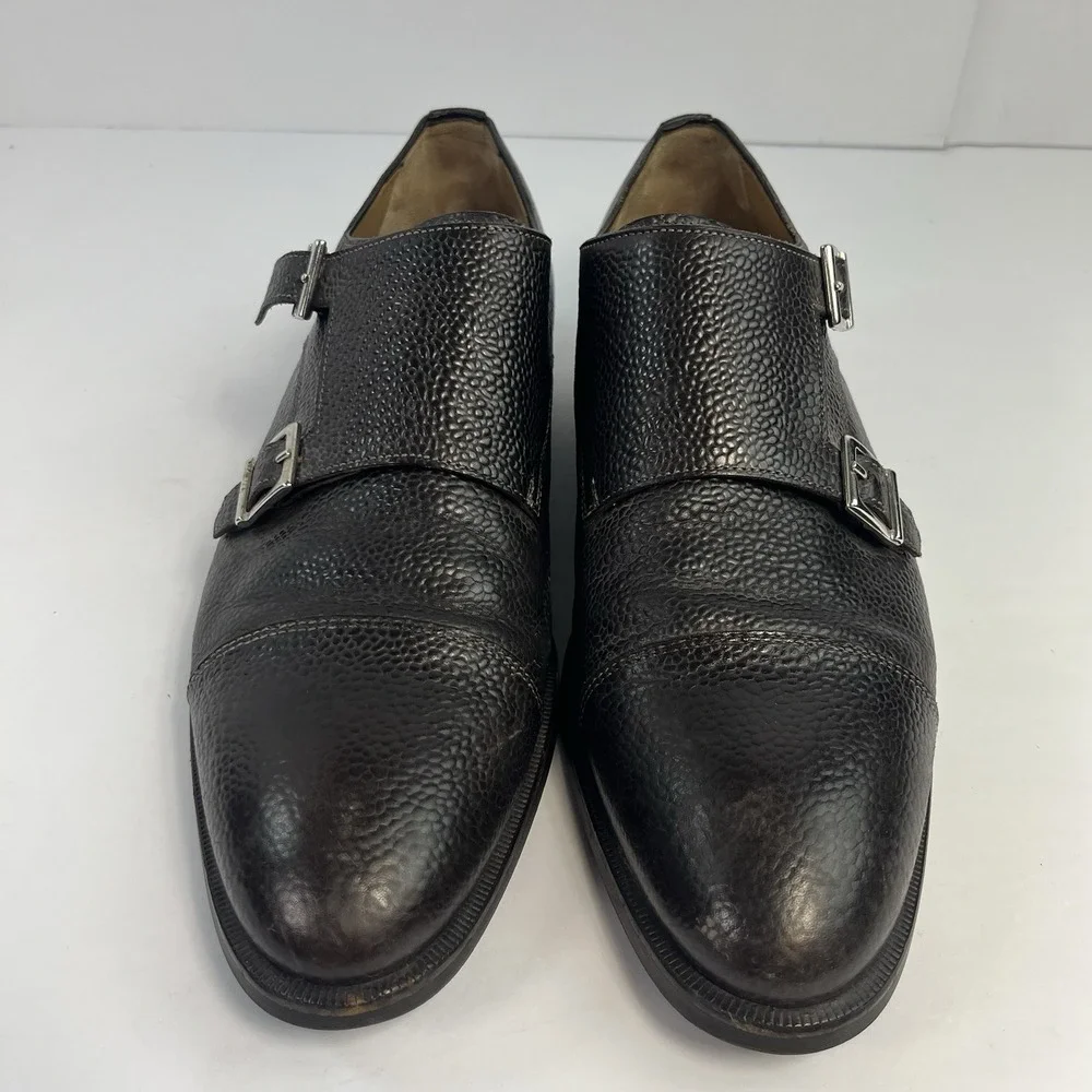 Di Bianco Black Pebble Grain Leather Monk Strap Dress Shoes Men's Size 8.5 Italy